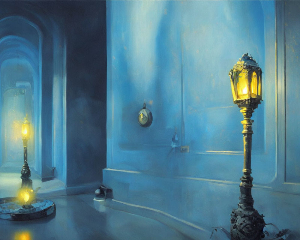 Vintage street lamps illuminate serene blue hallway with arched doorways and classic floor clock