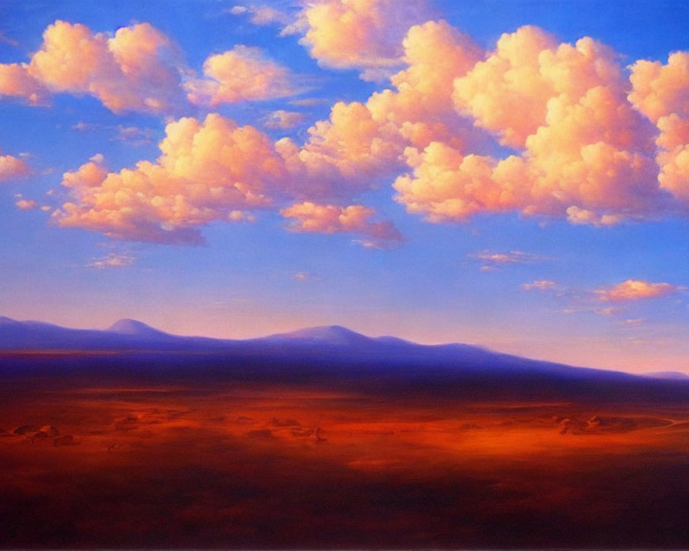 Colorful sunset landscape painting with orange clouds and distant blue mountains.