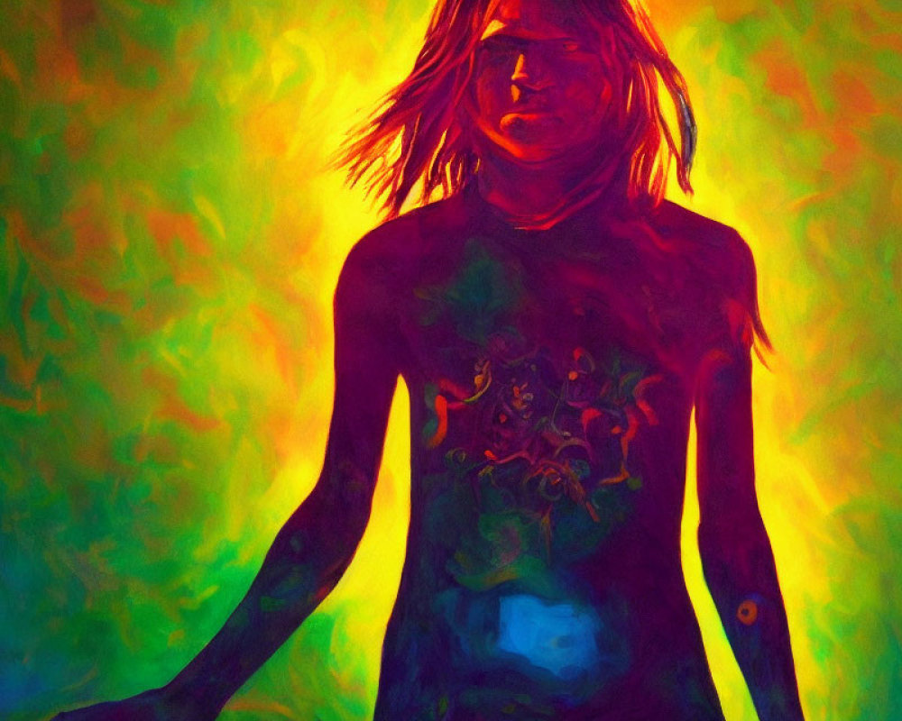 Colorful Abstract Painting of Person with Flowing Hair in Fiery Background