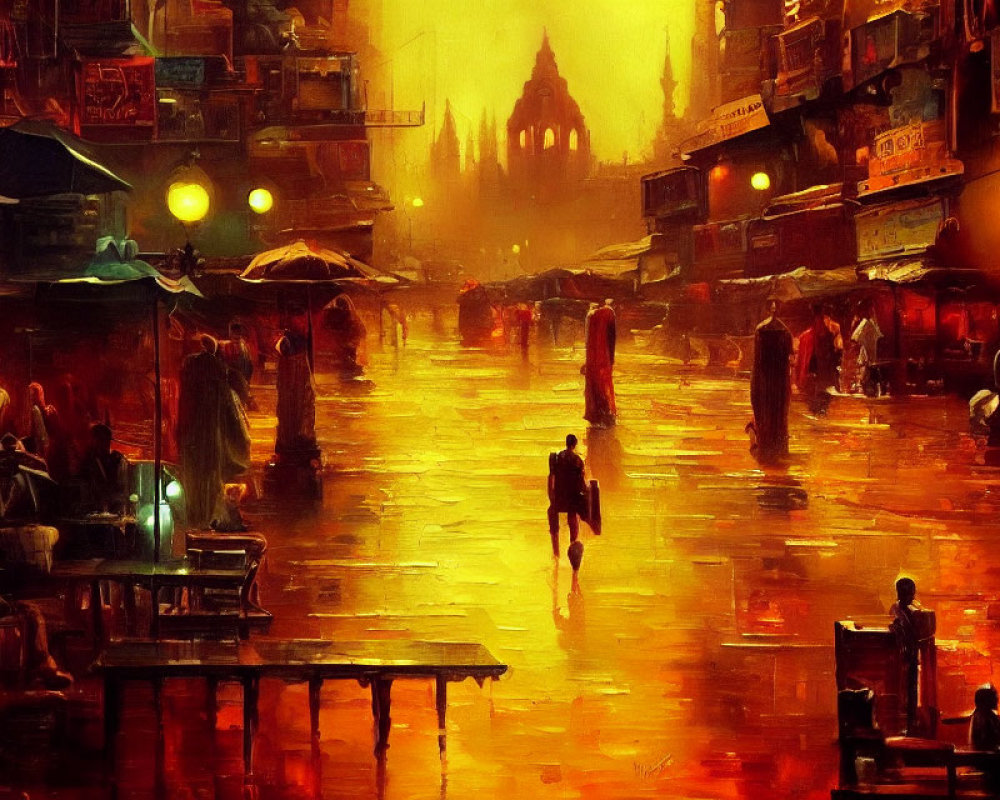 Vivid painting: bustling street at night with warm hues, people walking under streetlights.