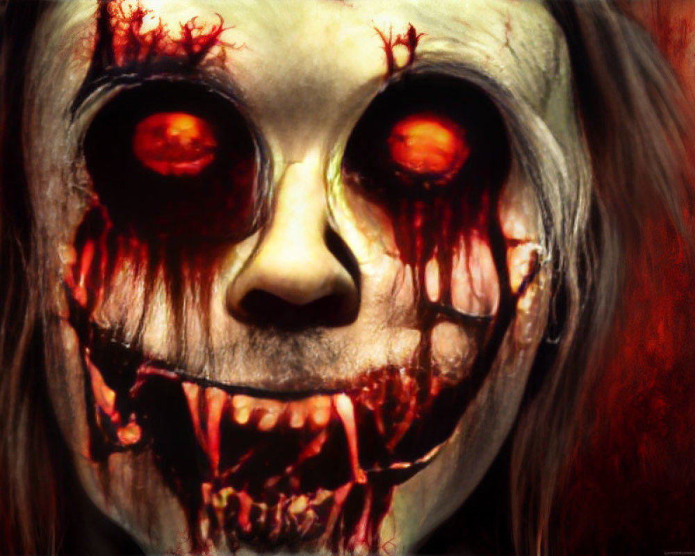 Horror-themed image with large red eyes, bleeding nostrils, and blood-smeared mouth