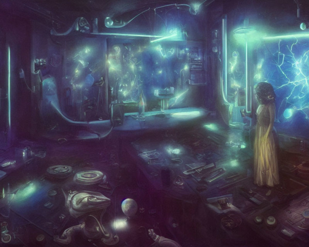 Woman in Yellow Dress in Futuristic Lab with Glowing Orbs and High-Tech Equipment