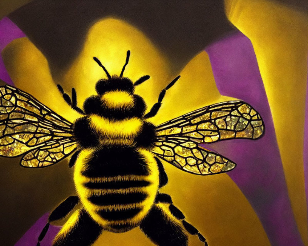 Detailed Close-Up of Bee with Vibrant Wings on Yellow and Purple Background