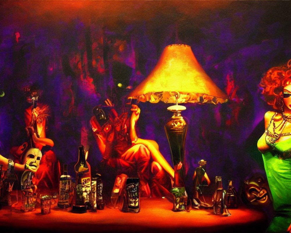 Colorful surreal painting of a bar scene with stylized figures and expressive faces