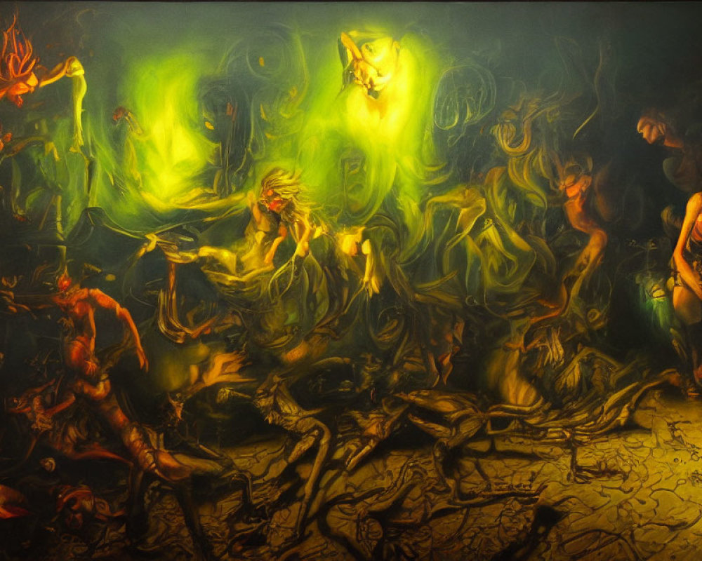 Chaotic hellish scene with tortured figures and eerie green light