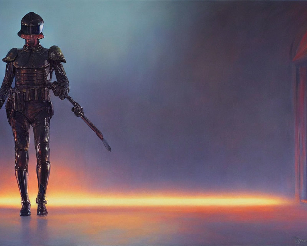 Futuristic knight in reflective armor with spear in misty background