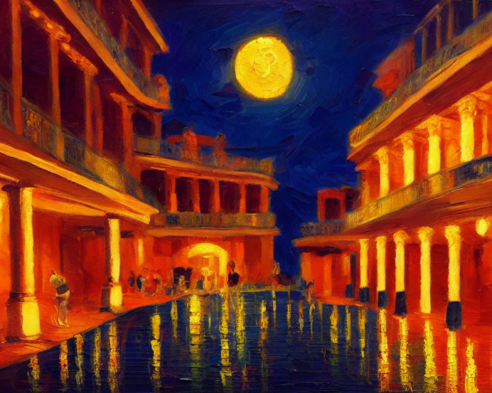 Moonlit Plaza with Reflected Buildings in Impressionist Style