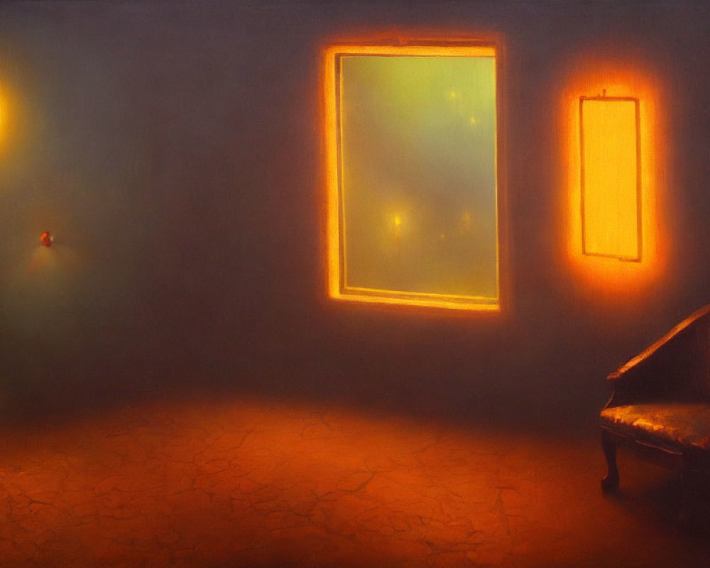 Surreal room with luminous windows, lantern, chaise lounge, and misty atmosphere