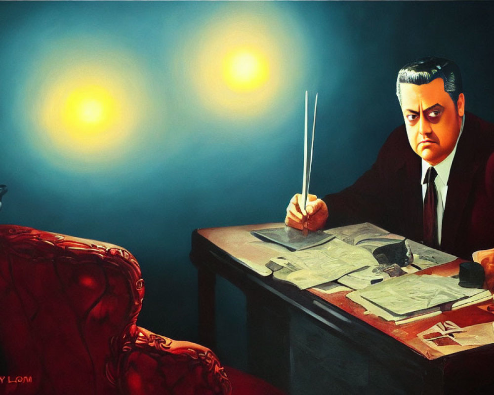 Intense painting of stern man at desk with baton and bright lights