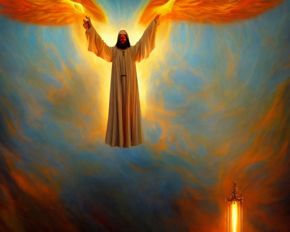 Bearded figure in robe with fiery wings floating in vibrant sky