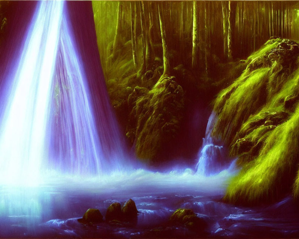 Ethereal blue light waterfall in serene moss-covered landscape