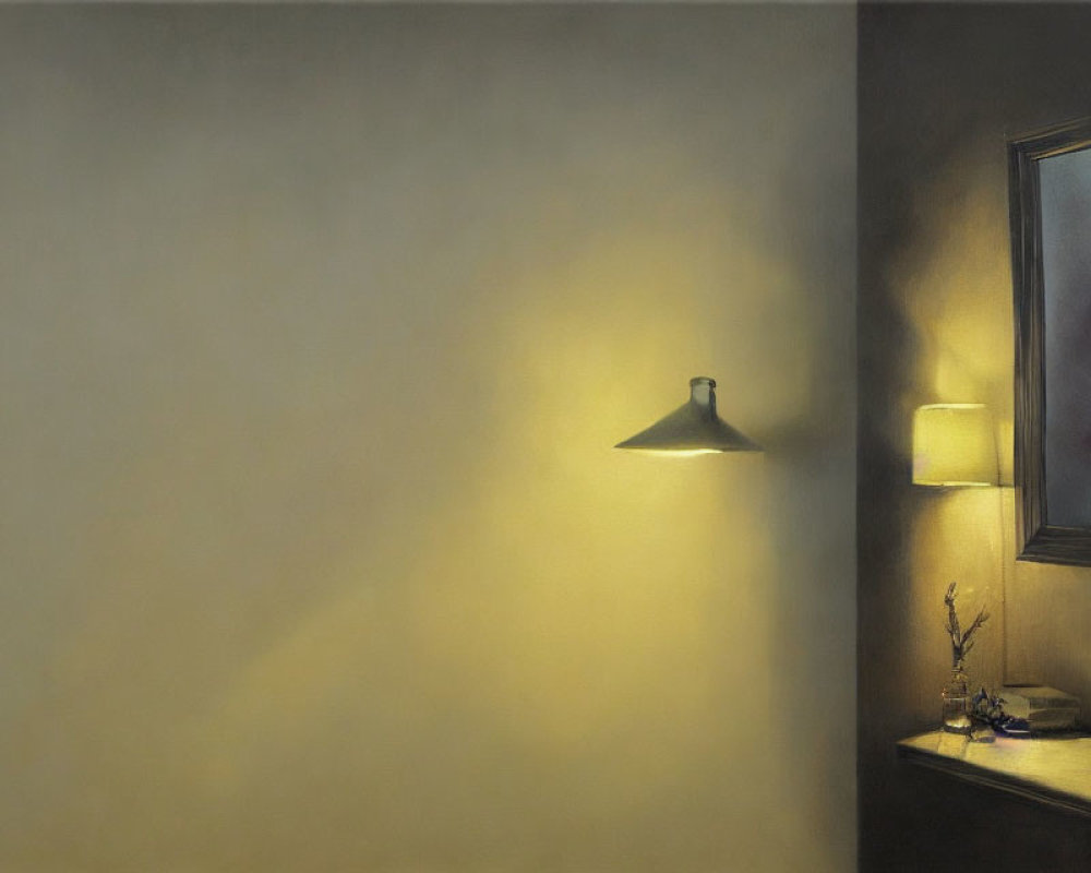 Wall-mounted lamp illuminating beige wall with side table and abstract painting