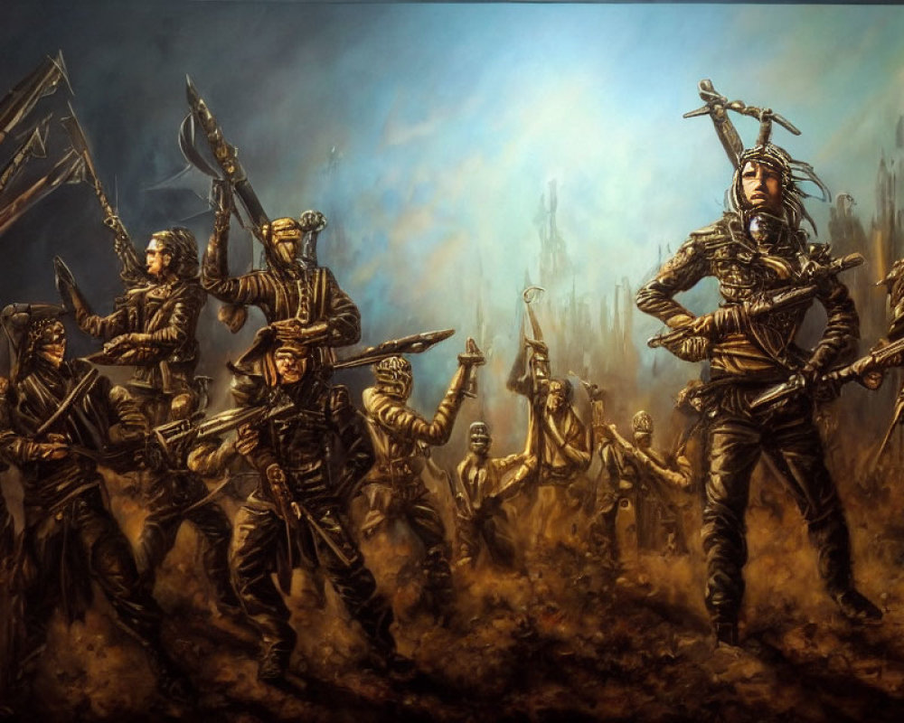 Medieval warriors in battle armor with spears and swords on a smoky battlefield.