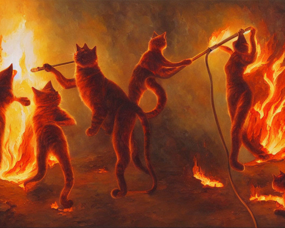 Five silhouetted cats around fire in vibrant backdrop