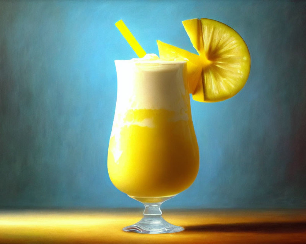 Yellow Cocktail or Juice with Lemon Slice and Straw on Blue Background