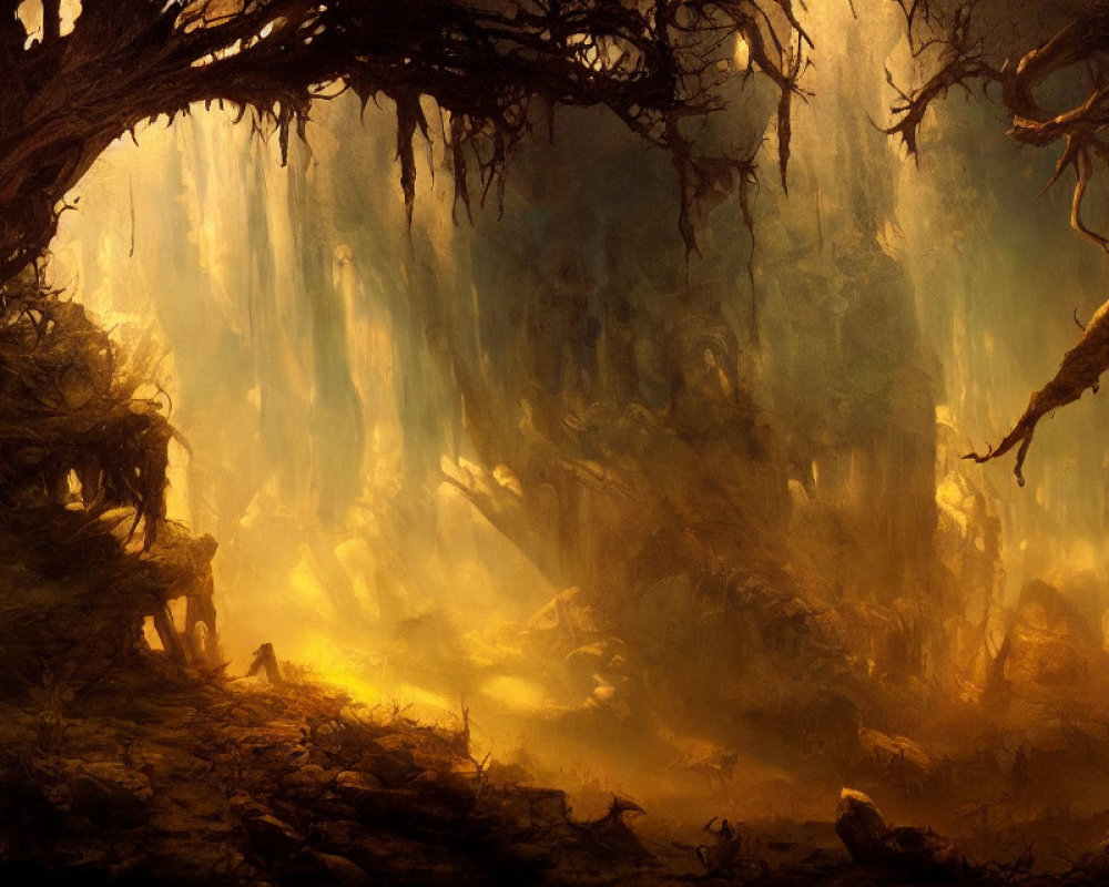 Enchanted forest with gnarled trees and golden mist