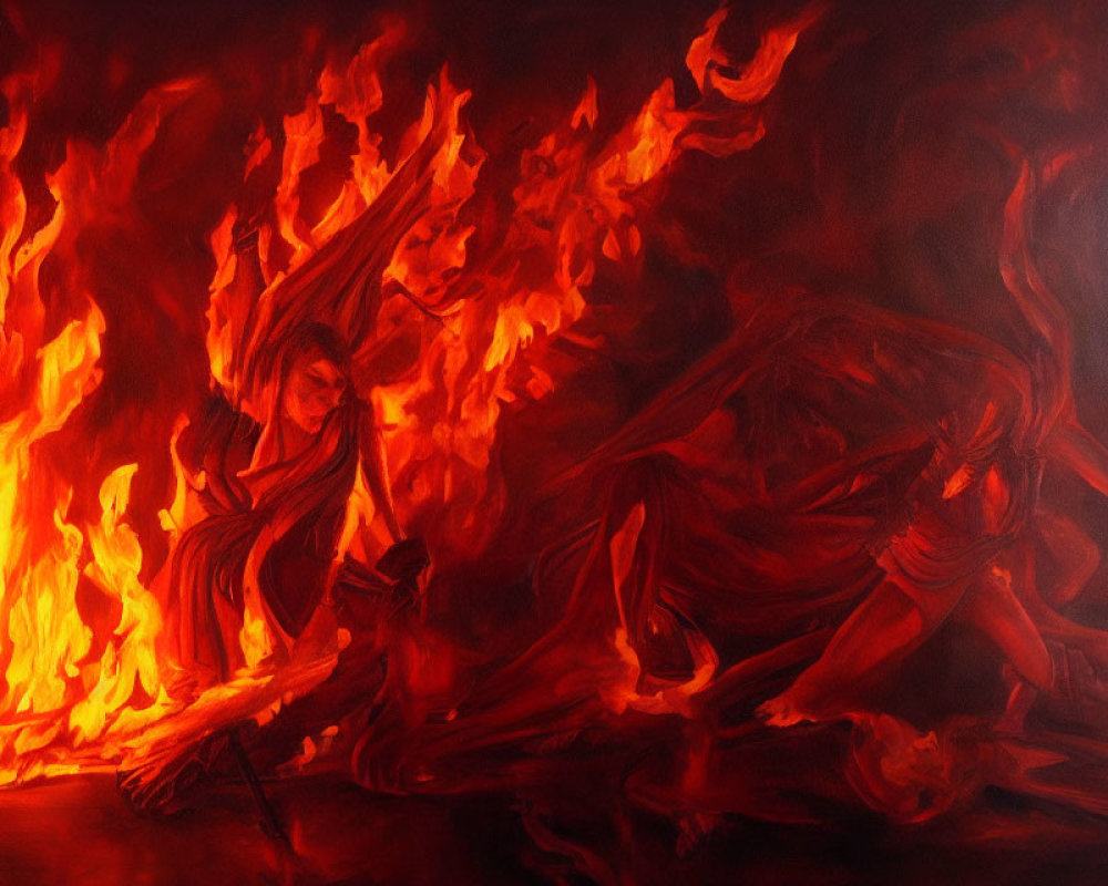 Intense Flame Scene with Dynamic Figures in Red and Orange Palette