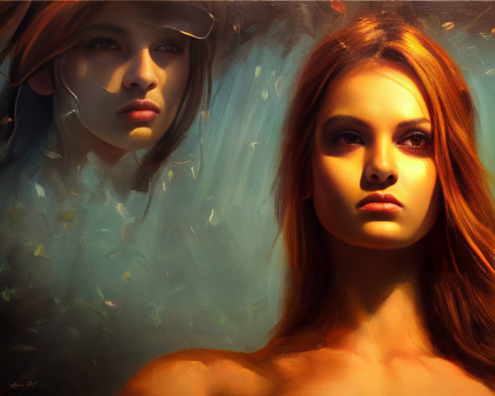 Abstract digital artwork featuring two women with fiery and contemplative expressions in warm-toned backdrop