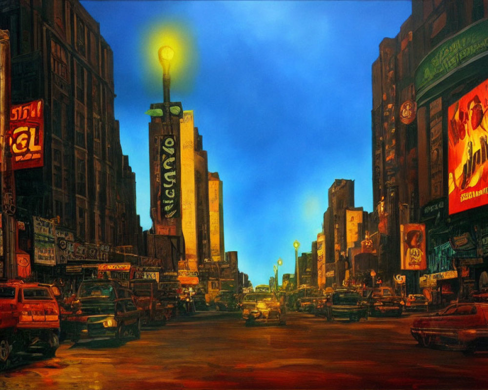 Vibrant street scene at dusk with neon signs, vintage cars, and towering buildings