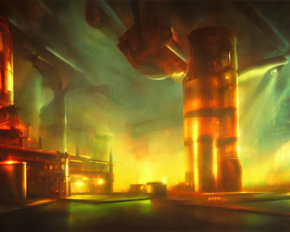 Dystopian industrial scene with towering glowing structures