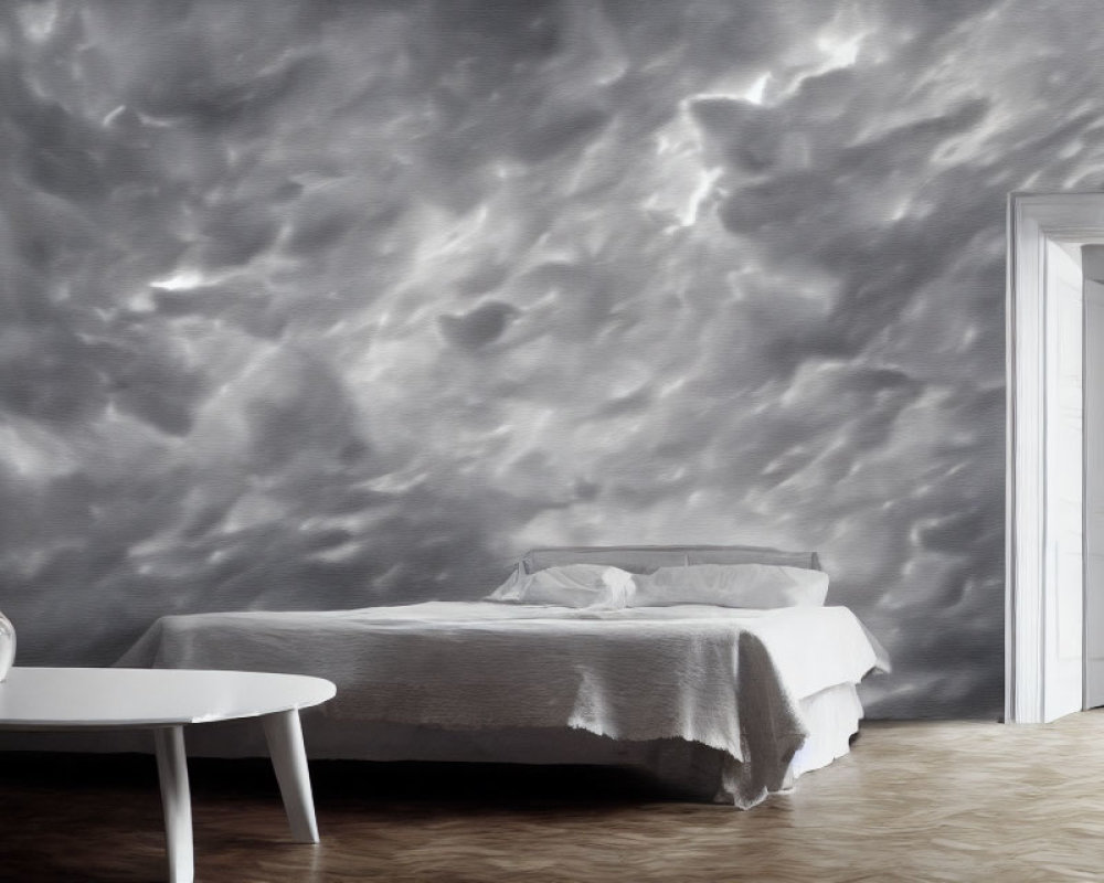 Minimalist Bedroom with Storm Cloud Wallpaper and White Bed on Wooden Floor