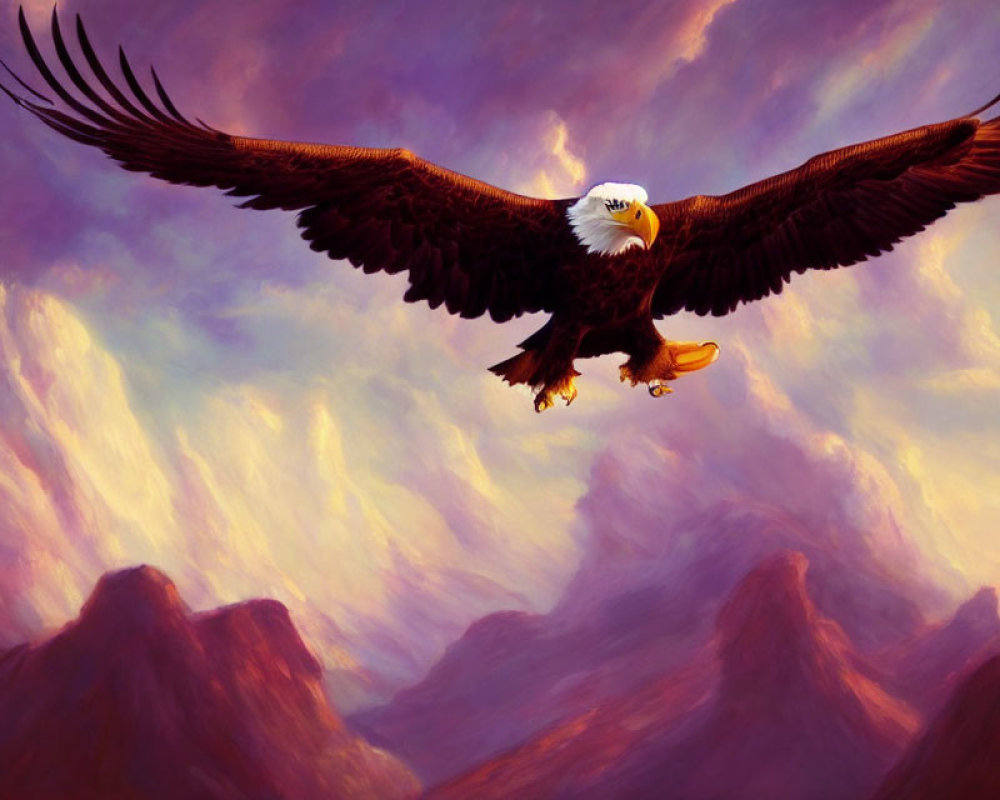 Majestic bald eagle soaring in purple and pink sky