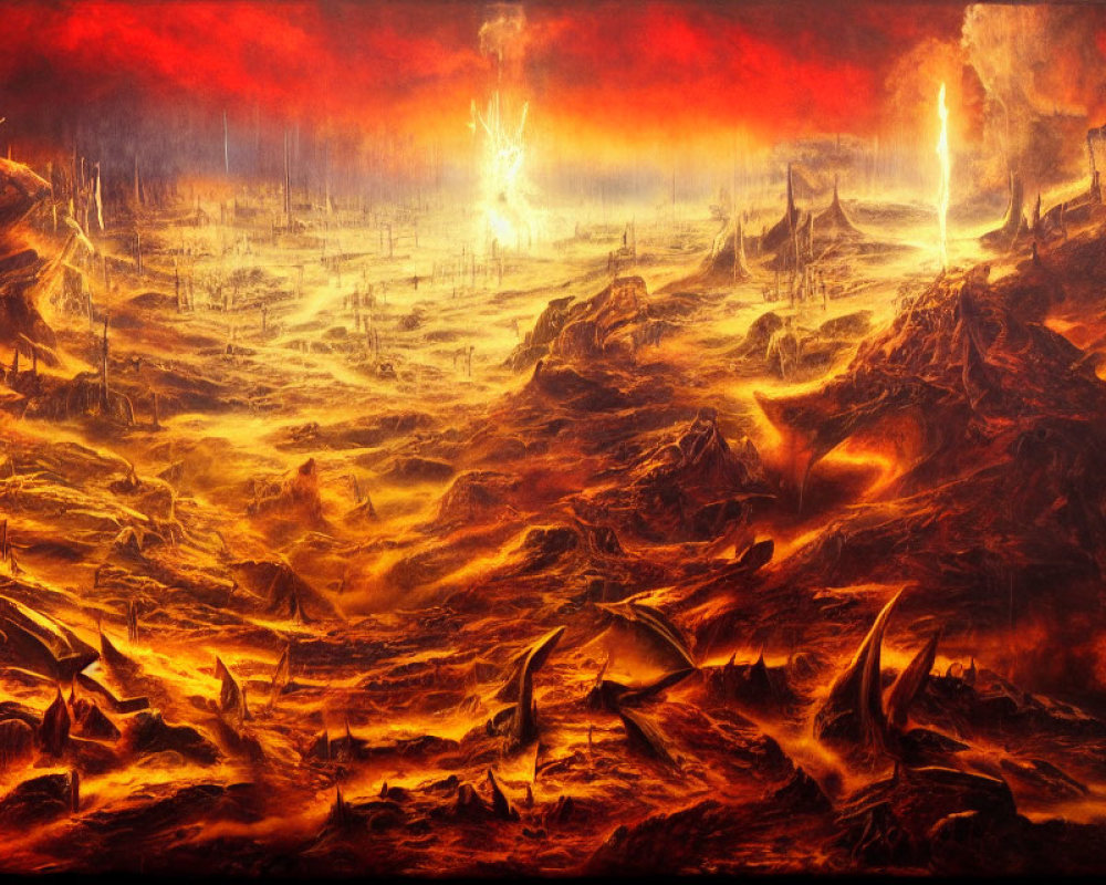 Apocalyptic landscape with fiery skies and volcanic terrain