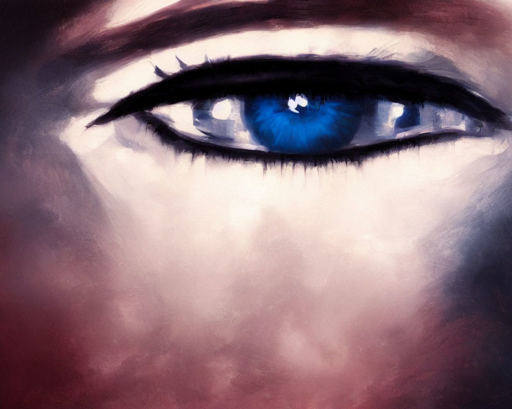 Detailed close-up of blue eye with dramatic eyelashes on red and purple abstract backdrop