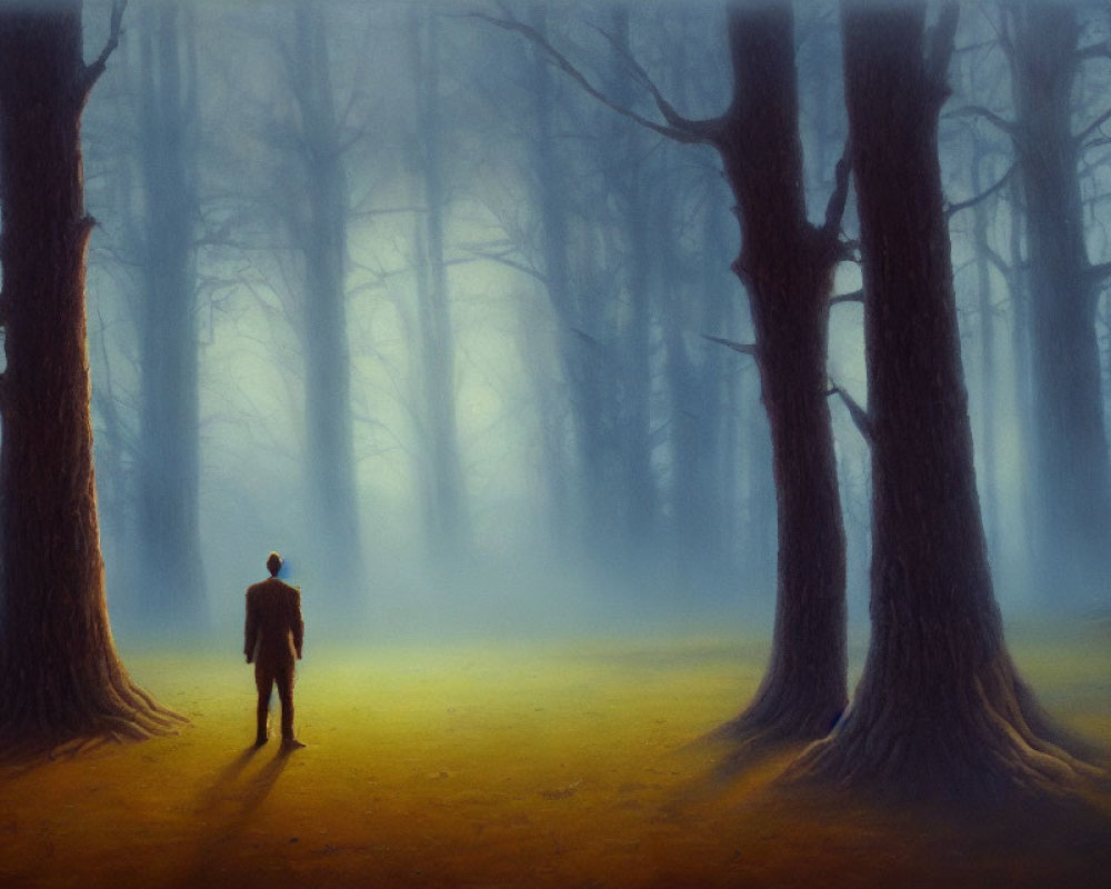 Person standing in misty forest among large trees