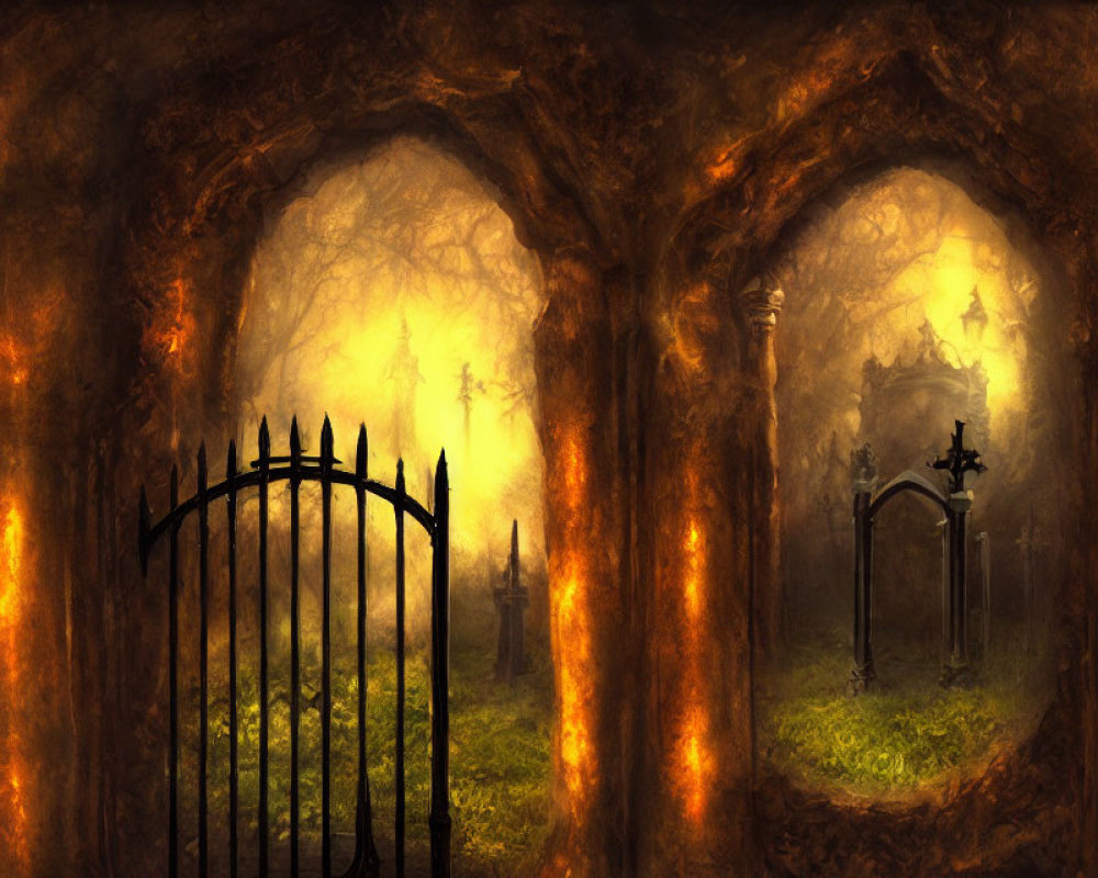 Glowing forest cemetery with arched stone entrances and misty gravestones