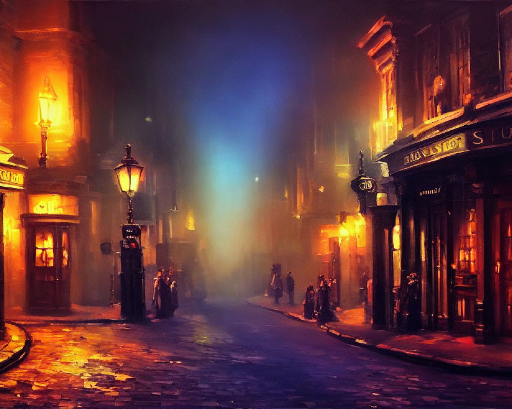 Misty vintage street at night with warm glow and silhouettes