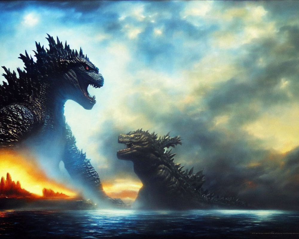 Giant monster showdown in fiery water under stormy sky