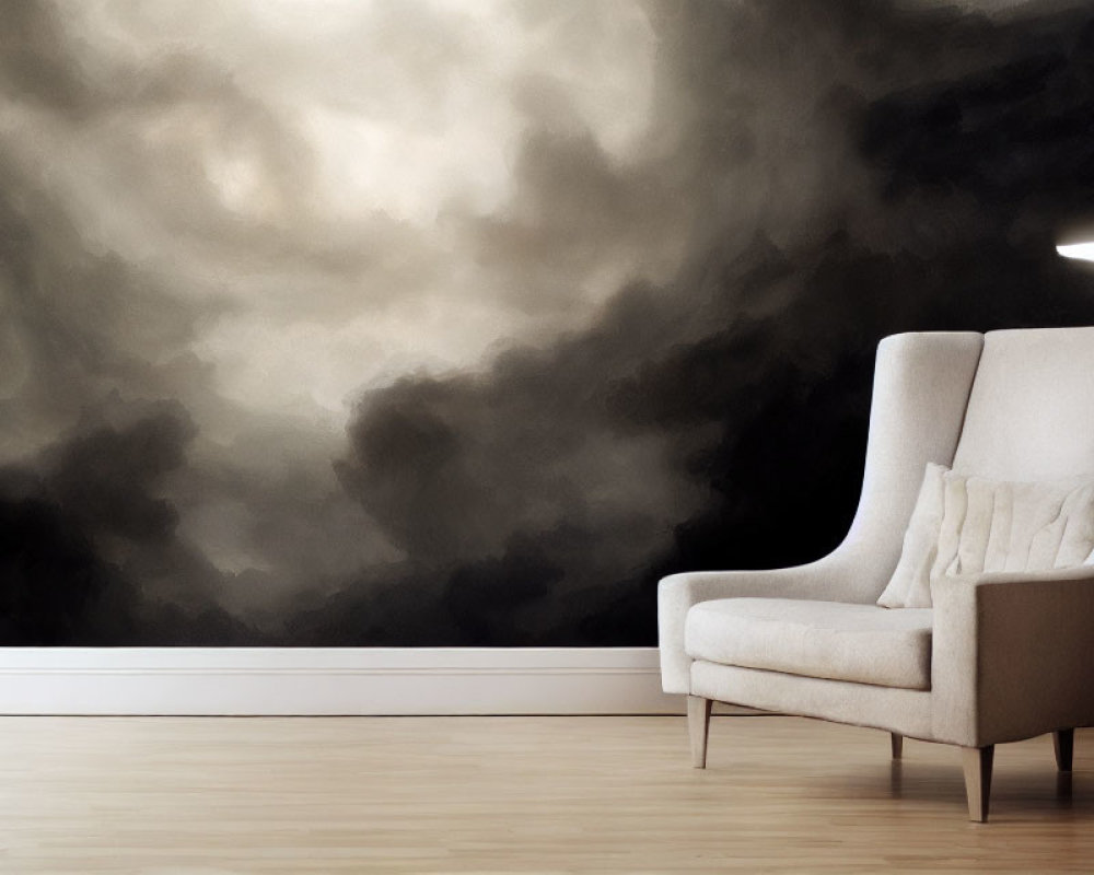 Modern Room with Beige Armchair, Stormy Cloud Wallpaper, Light Wooden Floor