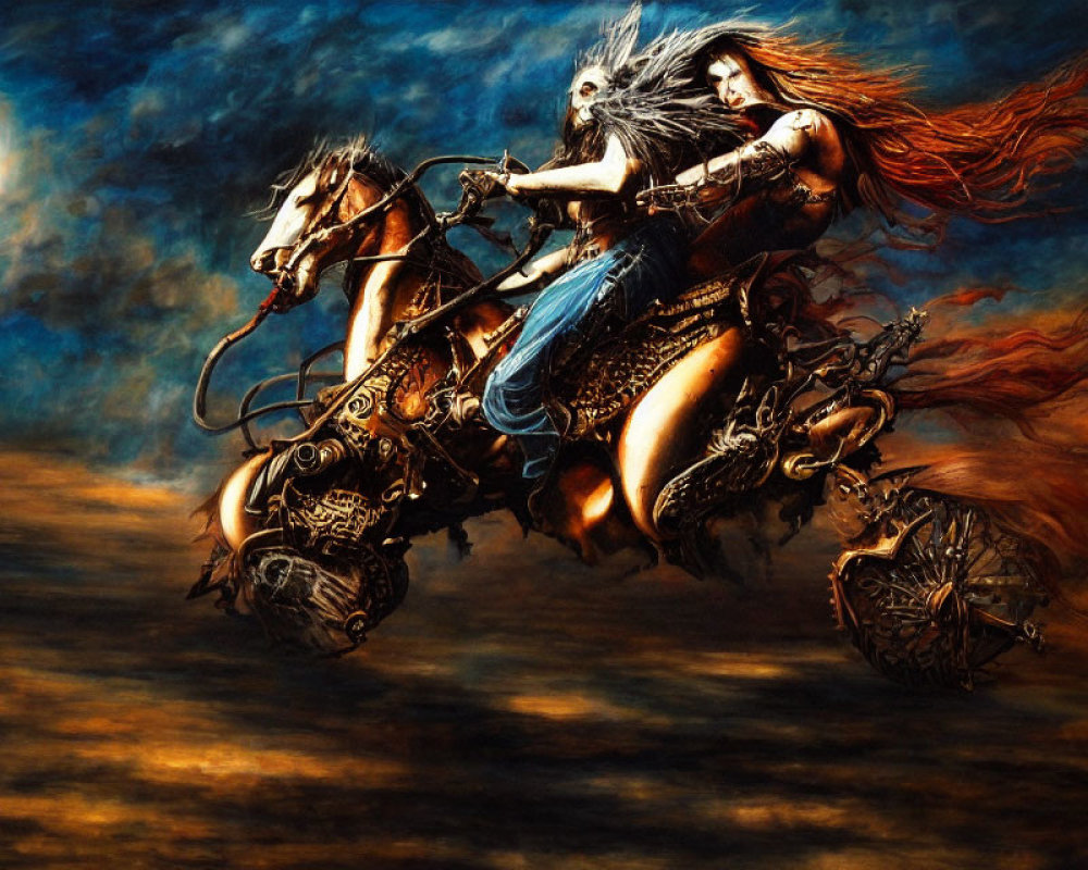 Fantastical artwork of warrior woman on mechanical steed at night