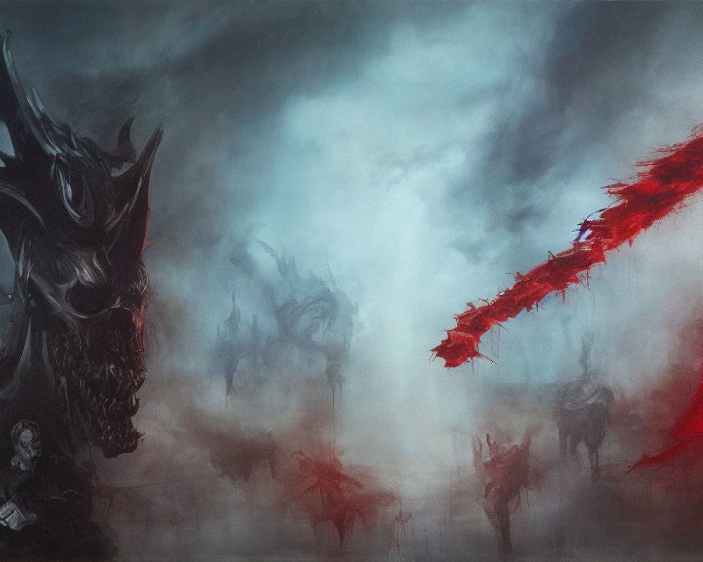 Menacing black dragon in red and grey misty fantasy landscape