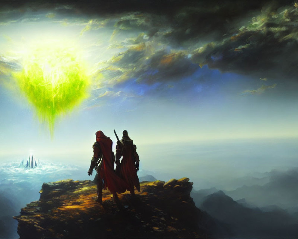 Mystical landscape with two figures on cliff overlooking green nebula