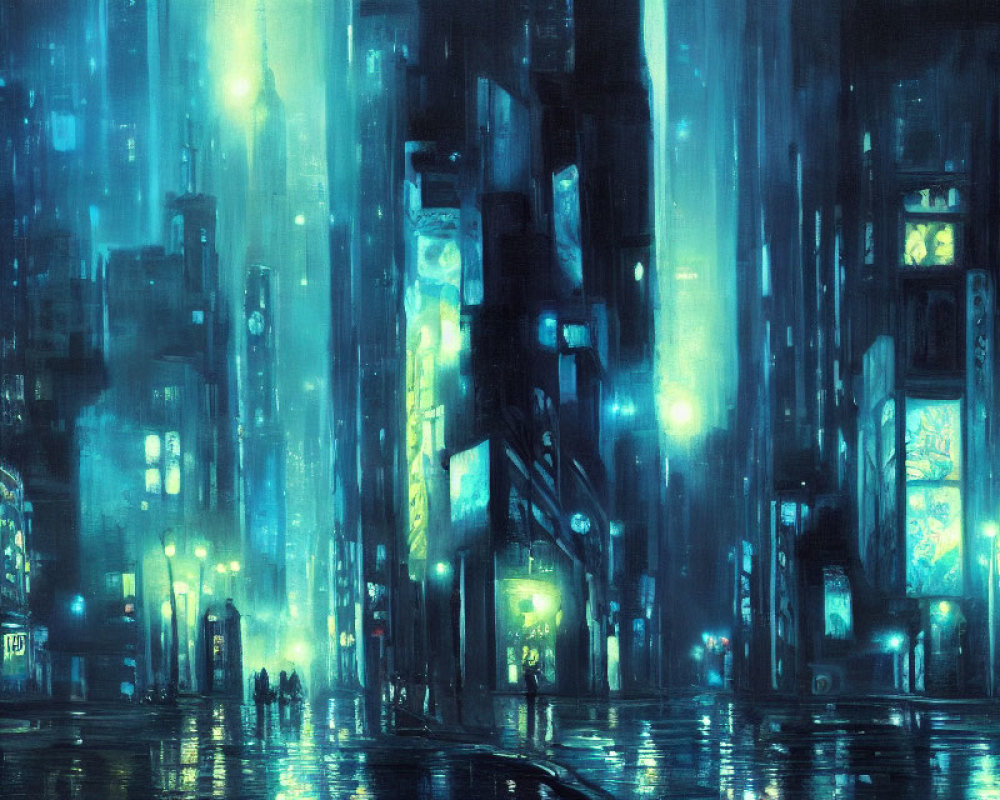 Futuristic rain-soaked cityscape with neon lights and skyscrapers at night