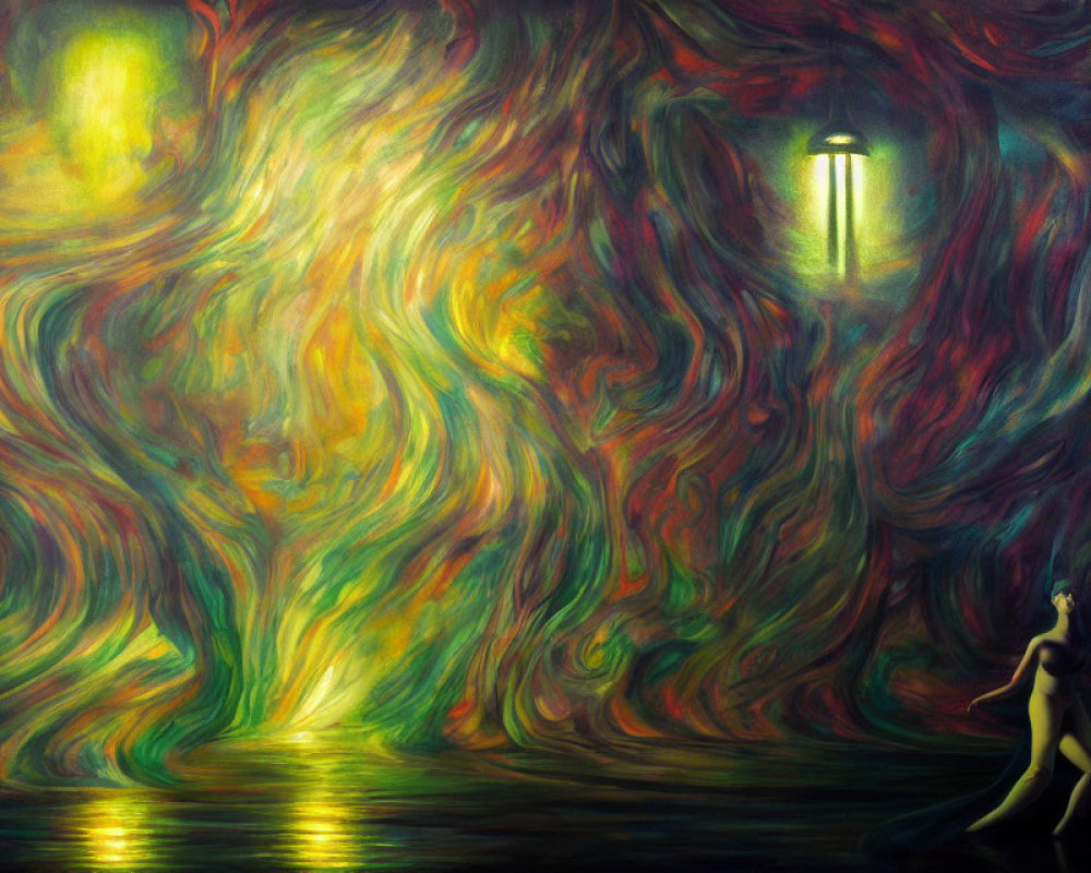 Surreal painting: Figure walking to glowing street lamp in vibrant, swirling colors