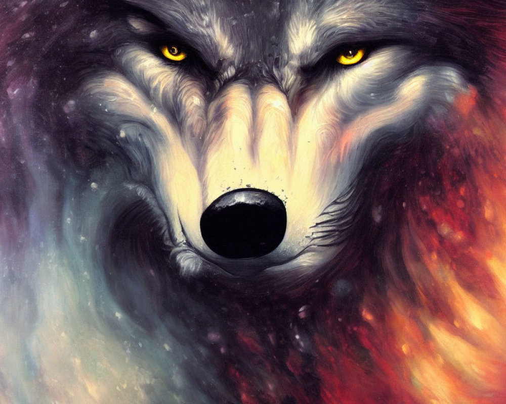 Vivid Wolf Artwork with Yellow Eyes in Fiery Red and Deep Blue Palette