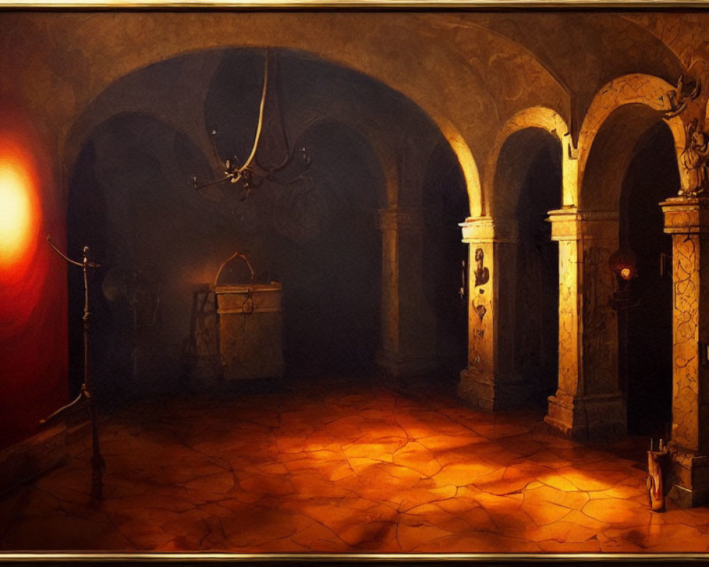 Dimly-lit Room with Arched Doorways and Chandelier