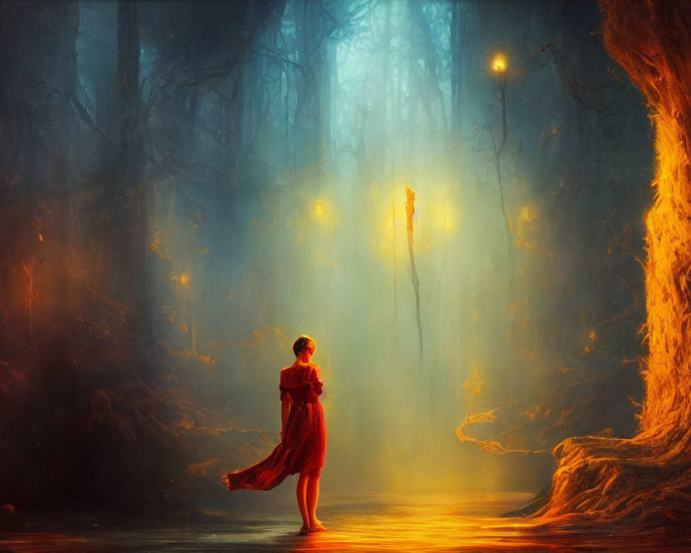 Person in red standing by reflective water in mystical, foggy forest with warm lanterns