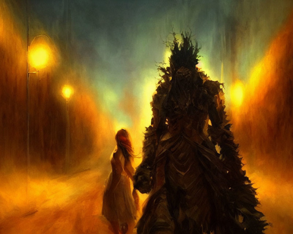 Fantasy painting: Small figure with armored entity in mystical landscape