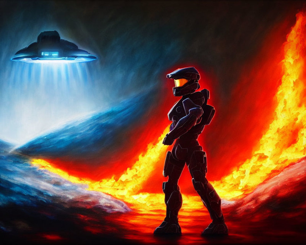 Armored figure in futuristic landscape with hovering spacecraft and blue beam