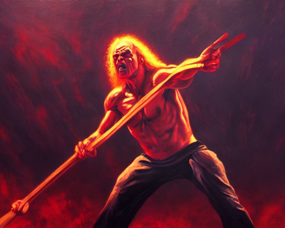 Warrior with Long Hair in Battle Stance with Staff on Fiery Red Background