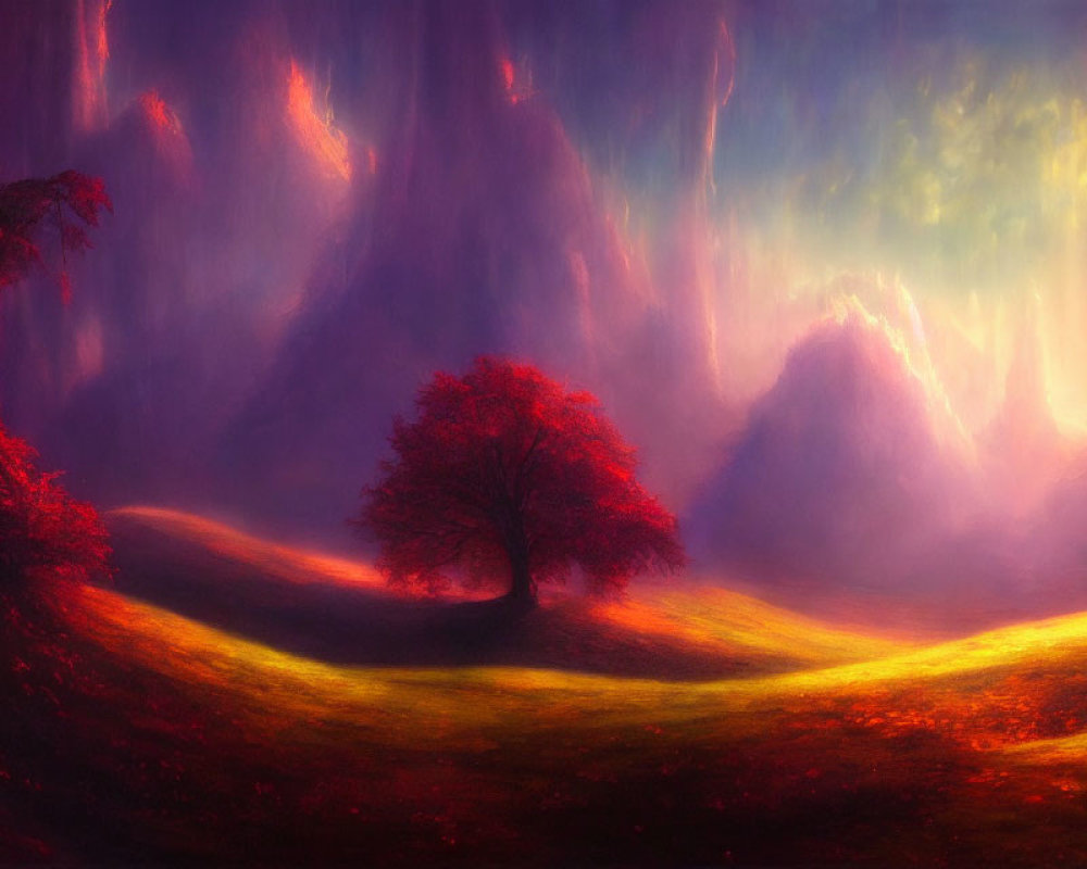 Colorful digital landscape: red tree, sunlit hill, purple mountains.