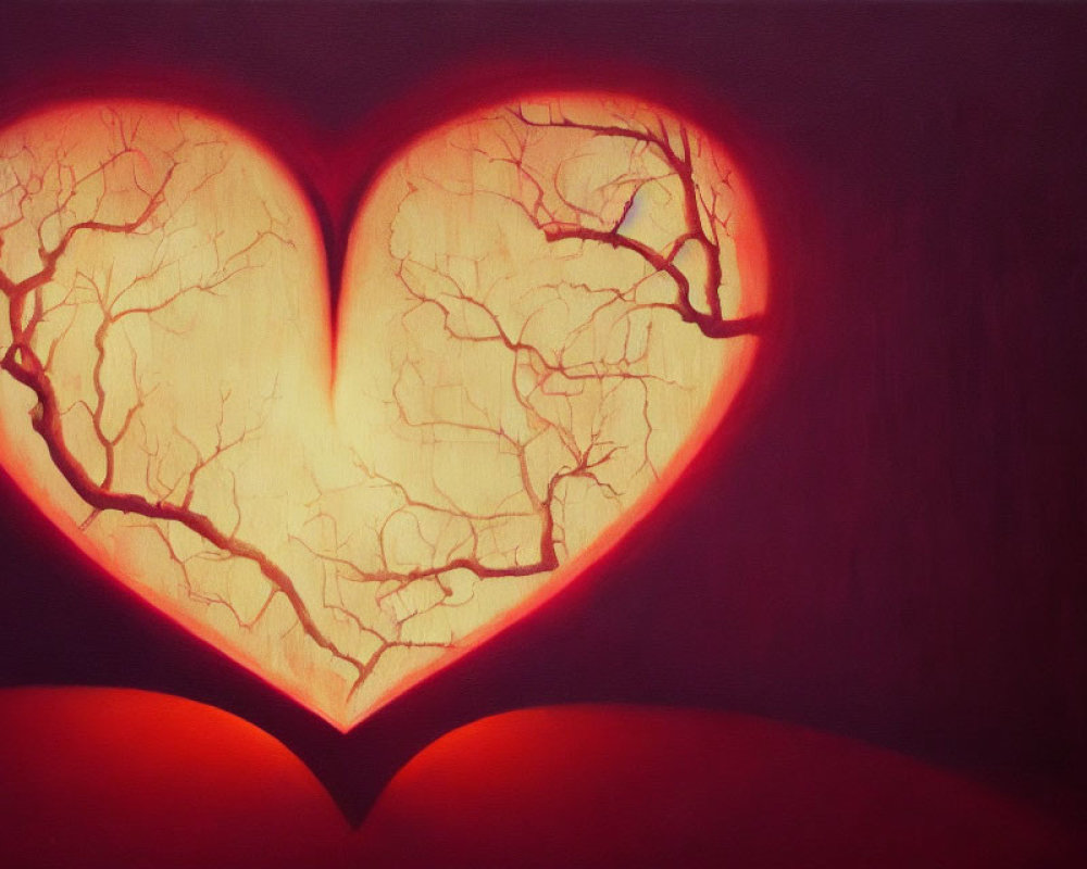 Heart-shaped silhouette with intricate tree branches on deep red background