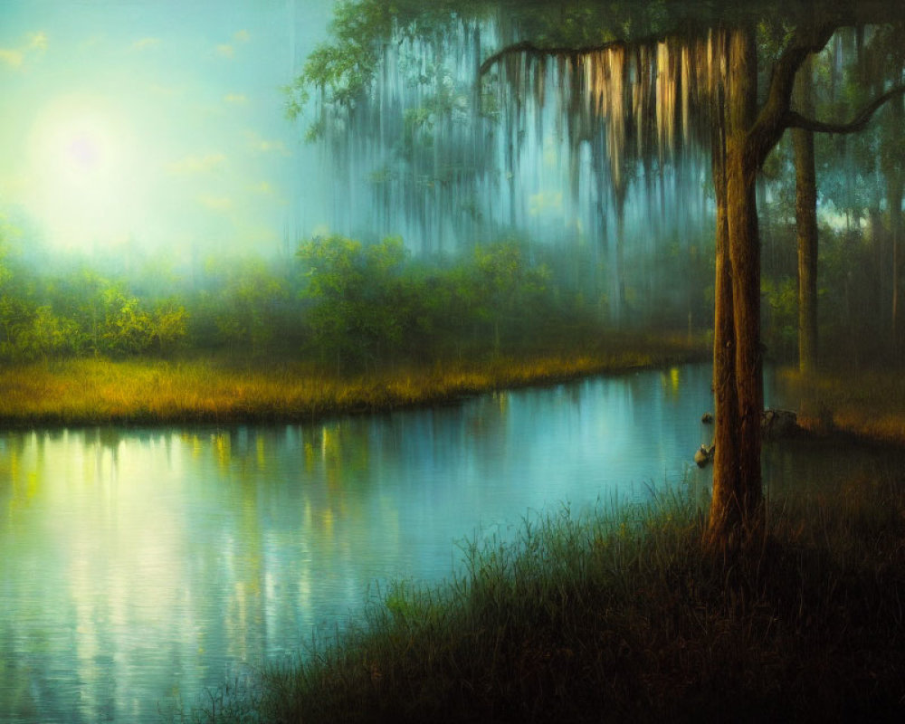 Tranquil Swamp Landscape at Sunrise with Spanish Moss and Reflections