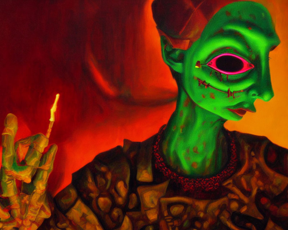 Colorful painting of green-skinned alien with pink eye and match in fiery setting