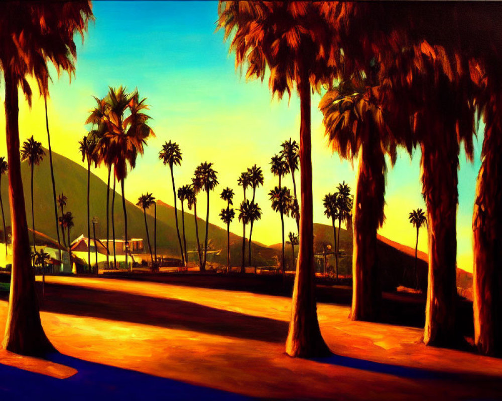 Colorful sunset painting with palm tree silhouettes, road shadows, and orange sky.