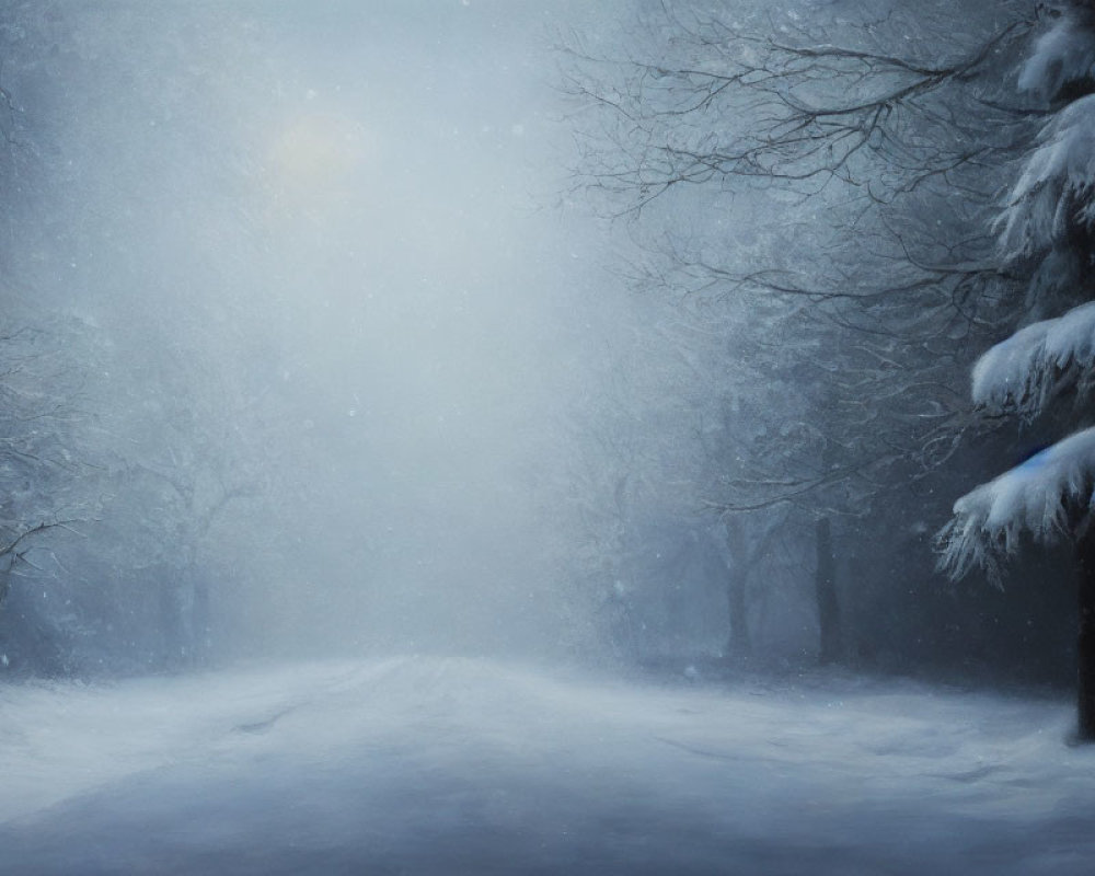 Winter forest scene with snow-covered path and trees under soft snowfall